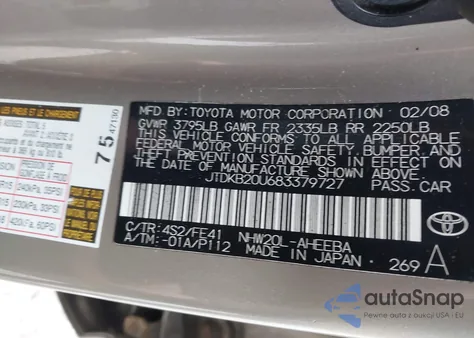 2008 Toyota Prius from USA, damaged, VIN JTDKB20U683379727